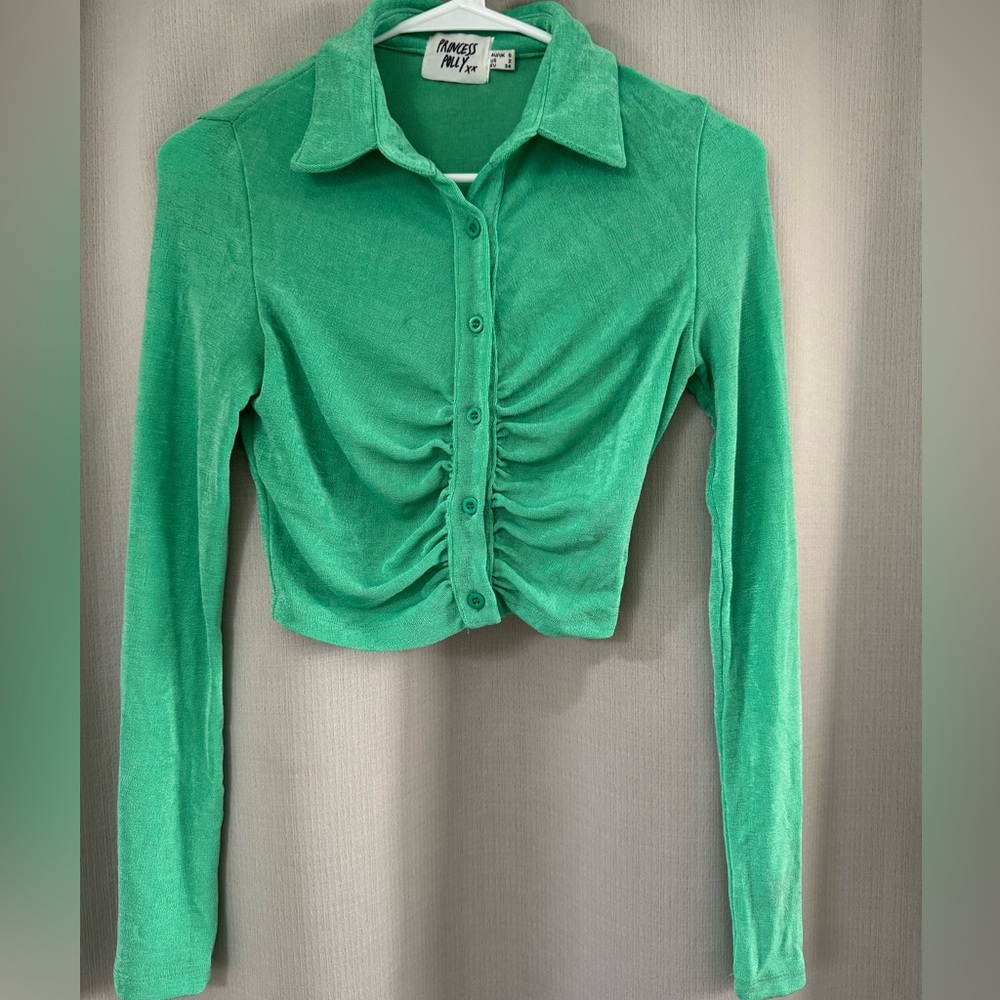 Princess Polly Green Ruched Button Down Shirt